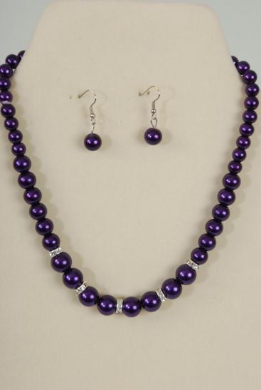 Necklace Sets Graduate from 12 mm Glass Pearls Rhinestone Bezel Purple / Sets Purple , 18" w Extension Chain , Hang tag & Opp bag & UPC Code