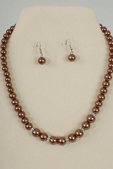 Necklace Sets Graduate from 12 mm Glass Pearls Rhinestone Bezel Brown / 12 Sets = Dozen Brown , 18" Extension Chain , Hang tag & Opp bag & UPC Code 