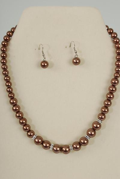 Necklace Sets Graduate from 12 mm Glass Pearls Rhinestone Bezel Brown / 12 Sets = Dozen Brown , 18" Extension Chain , Hang tag & Opp bag & UPC Code 