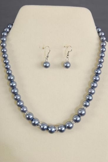 Necklace Sets Graduate from 12 mm Glass Pearls Rhinestone Bezel Gray / Sets Gray , 18" w Extension Chain , Hang tag & Opp bag & UPC Code
