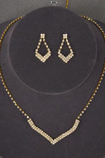 Necklace Sets V shape Rhinestone Gold / 12 Sets = Dozen Post , Size - 18 inches , Extension Chain , W Black Velvet Display Card & OPP Bag & UPC Code