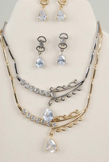 Necklace Sets Metal w Teardrop Cubic Zirconium  / 12 Sets = Dozen Post , Size - 18", Velvet Display Card & OPP Bag & UPC Code , Choose Colors