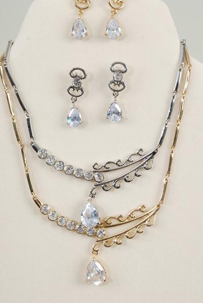 Necklace Sets Metal w Teardrop Cubic Zirconium  / 12 Sets = Dozen Post , Size - 18", Velvet Display Card & OPP Bag & UPC Code , Choose Colors