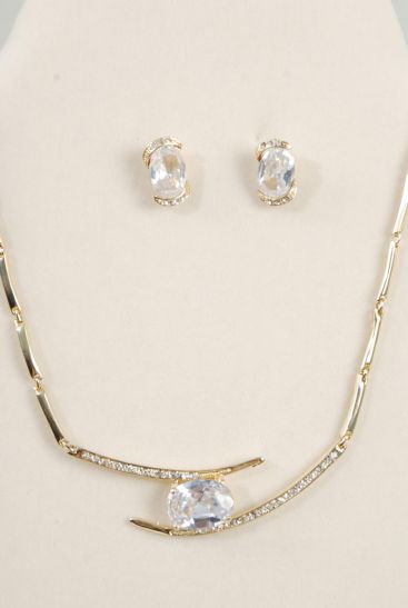 Necklace Sets Metal w Cubic Zirconium Gold Clear / 12 Sets = Dozen Gold Clear ,  Post , 18", Black Velvet Display Card & OPP Bag & UPC Code