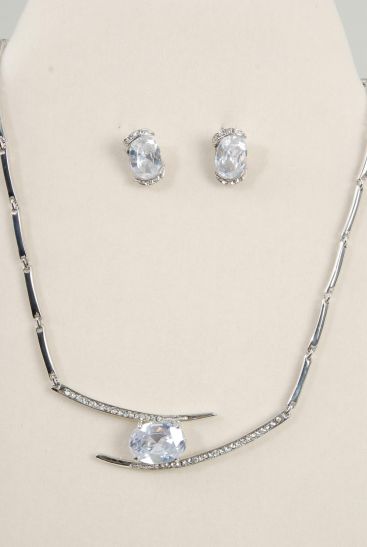 Necklace Sets Metal w Cubic Zirconium Silver Clear / 12 Sets = Dozen Silver Clear , Post , 18",  Black Velvet Display Card & OPP Bag & UPC Code