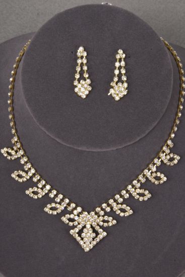 Necklace Sets Rhinestone Gold / 12 Sets = Dozen Post , Size - 18 inch , Extension Chain , Black Velvet Display Card & OPP Bag & UPC Code