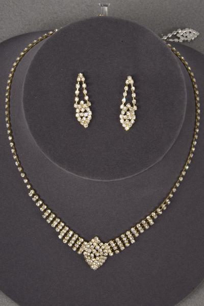 Necklace Sets Rhinestone Gold Post / 12 Sets = Dozen Post , Size - 18 inch , Extension Chain , Black Velvet Display Card & OPP Bag & UPC Code