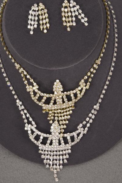 Necklace Sets Rhinestone Post / 12 Sets = Dozen Post , Size - 18 inches , Extension Chain , Choose Gold Or Silver Finishes ,W Black Velvet Display Card & OPP Bag & UPC Code