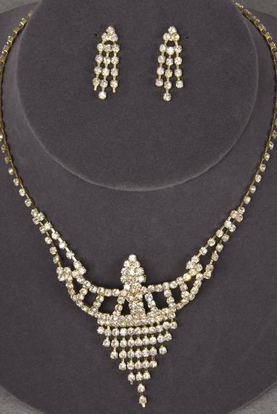 Necklace Sets Rhinestone Post / 12 Sets = Dozen Post , Size - 18 inches , Extension Chain , Choose Gold Or Silver Finishes ,W Black Velvet Display Card & OPP Bag & UPC Code