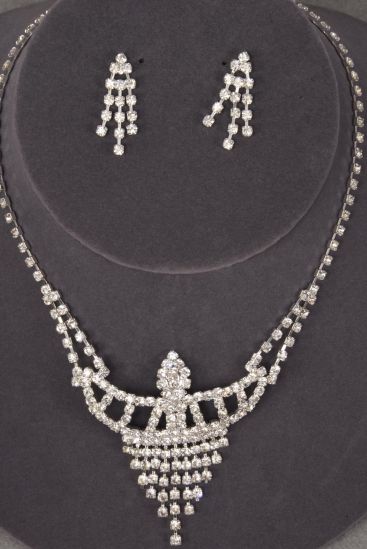 Necklace Sets Fancy Design w Rhinestones Silver / Sets Silver , Post , 18" Long Extension Chain , W Black Velvet Display Card & OPP bag & UPC Code 