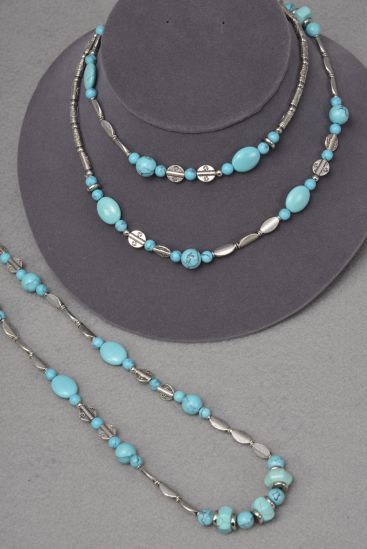 Necklace Silver Turquoise Semiprecious Stones / PC Size - 34" Long , Hang tag & Opp Bag & UPC Code