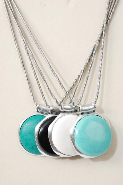 Necklace Snake Chain Silver Real Semiprecious Stone Pendant / PC 18" Long Extension Chain , Pendant Size - 2" wide , Choose Colors , Hang Tag & Opp Bag & UPC Code