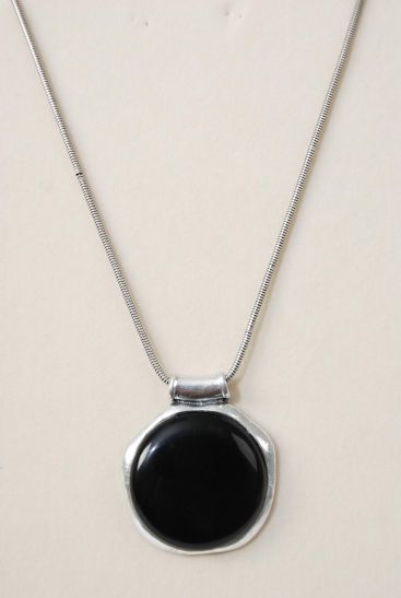 Necklace Snake Chain Silver Real Semiprecious Stone Pendant Black / PC Black , 18" Long Extension Chain , Pendant Size - 2" Wide , Hang tag & Opp Bag & UPC Code