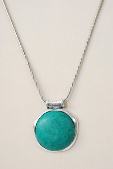 Necklace Snake Chain Silver Real Semiprecious Stone Pendant Green / PC Green Turquoise , 18" Long Extension Chain , Pendant Size - 2" Wide , Hang tag & Opp Bag & UPC Code