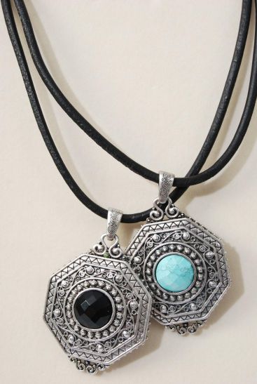 Necklace Thick Black Real Leather Cord Real Semiprecious Pendant / PC Pendant Size - 3" x 2" Wide , 20" w Extension Chain , Display Card & OPP Bag & UPC Code , Choose Colors 