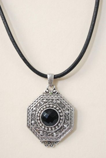 Necklace Thick Black Real Leather Cord Real Semiprecious Pendant Black / PC Black , Pendant Size - 3" x 2" Wide , 20" Long Extension Chain , Display Card & OPP bag & UPC Code