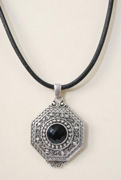 Necklace Thick Black Real Leather Cord Real Semiprecious Pendant / PC Pendant Size - 3" x 2" Wide , 20" w Extension Chain , Display Card & OPP Bag & UPC Code , Choose Colors 