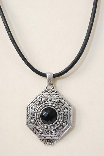 Necklace Thick Black Real Leather Cord Real Semiprecious Pendant / PC Pendant Size - 3" x 2" Wide , 20" Long Extension Chain , Display Card & OPP Bag & UPC Code , Choose Colors 