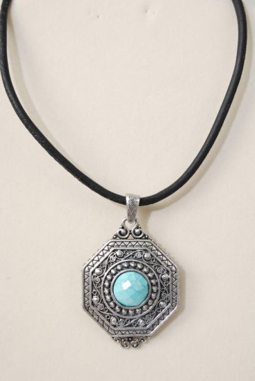 Necklace Thick Black Real Leather Cord Semiprecious Pendant Real Blue Turquoise / PC  Blue Turquoise , Pendant Size - 3" x 2" Wide , 20" Long Extension Chain , Display Card & OPP bag & UPC Code