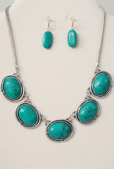 Necklace Sets Oval Real Semiprecious Stones W Chain Green Turquoise Green / Sets Green Turquoise , Size - 18" w Extension Chain , Hang tag & Opp Bag & UPC Code
