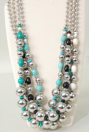 Necklace Silver Bead Hand Carved Real Semiprecious Stones / PC Size - 30", Hang Tag & Opp Bag & UPC Code , Choose Colors