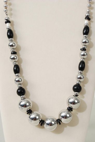 Necklace Silver Ball Hand Carved Real Semiprecious Stones Black / PC Black , 30" Long , Han tag & Opp Bag & UPC Code