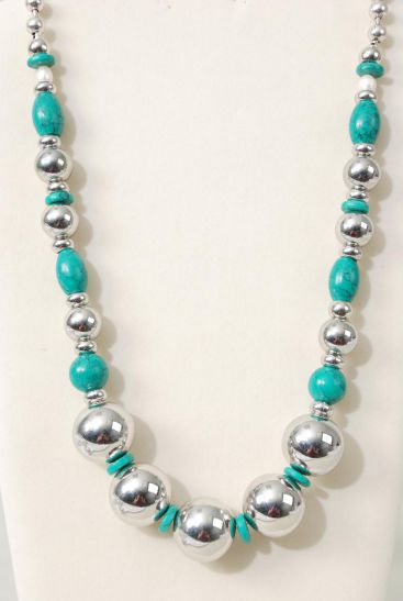 Necklace Silver Bead Hand Carved Real Semiprecious Stones Green / PC Greene Turquoise , 30" Long , Hang tag & Opp Bag & UPC Code
