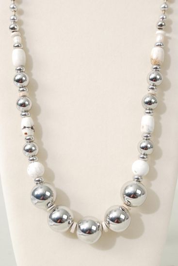 Necklace Silver Bead Hand Carved Real Semiprecious Stones Ivory/PC Ivory , 30" Long , Hang tag & Opp Bag & UPC Code
