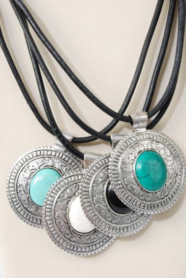 Necklace Black Real Leather Cord Real Semiprecious Stone Pendant / PC  Pendant Size - 2.75" Wide , 20" w Extenstion Chain , Choose Colors , Hang tag & Opp Bag & UPC Code