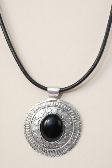 Necklace Black Real Leather Cord Real Semiprecious Stone Pendant Black / PC Black , Pendant Size - 2.75" Wide , 20" w E xtension Chain , Hang Tag & Opp Bag & UPC Code