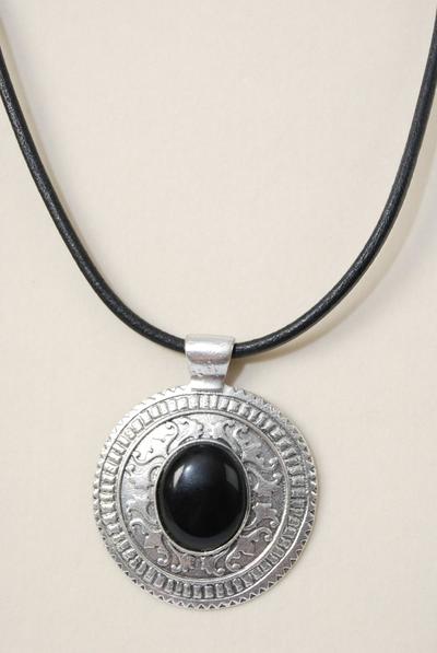 Necklace Black Real Leather Cord Semiprecious Stone Pendant / 12 pcs = Dozen Pendant Size - 2.75" Wide , 20" w Extenstion Chain , Choose Colors , Hang tag & Opp Bag & UPC Code