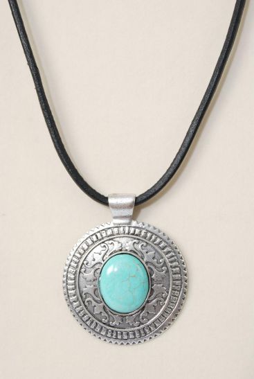 Necklace Black Real Leather Cord Real Semiprecious Stone Pendant Blue / PC Blue Turquoise , Pendant Size - 2.75" Wide , 20" w Extension Chain , Hang tag & Opp Bag & UPC Code