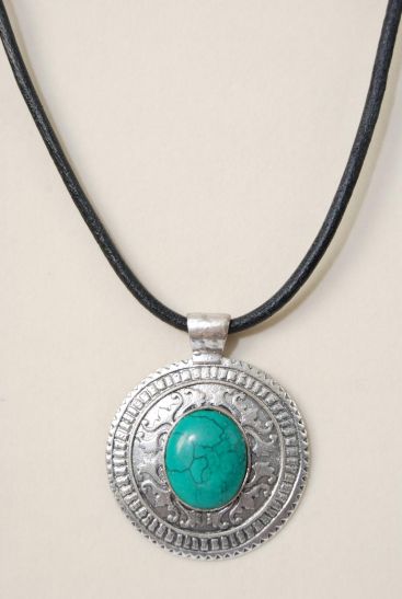 Necklace Black Real Leather Cord Real Semiprecious Stone Pendant Green / PC  Green Turquoise , Pendant Size - 2.75" Wide , 20" w Extenstion Chain , Hang Tag & Opp Bag & UPC Code