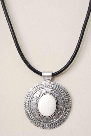 Necklace Black Real Leather Cord Real Semiprecious Stone Pendant Ivory / PC Ivory , Pendant Size - 2.75" Wide , 20" w Extension Chain , Hang Tag & Opp Bag & UPC Code