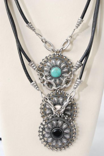 Necklace Thick Black Real Leather Cord Real Semiprecious Pendant / PC 24" w Extension Chain , Pendant Size - 2.5" Wide , Choose Colors , Hang tag & Opp Bag & UPC Code