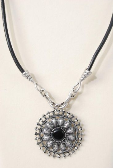 Necklace Thick Black Real Leather Cord Real Semiprecious Pendant Black / PC Black , 24" Long Extension Chain , Pendant Size - 2.5" Wide , Hang tag & Opp Bag & UPC Code