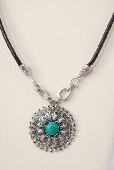Necklace Thick Black Real Leather Cord Real Semiprecious Pendant Green / PC Green Turquoise , 24" Long Extension Chain , Pendant Size - 2.5" Wide , Hang tag & Opp Bag & UPC Code