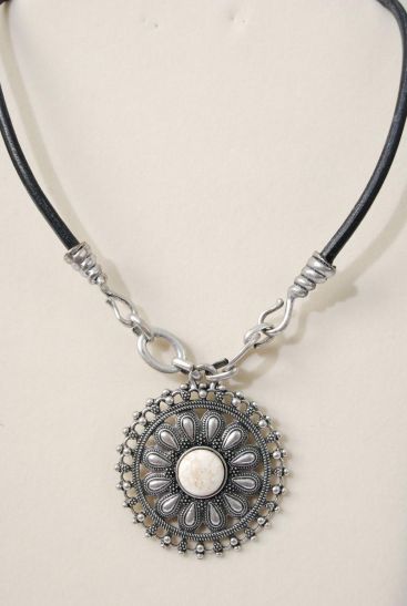 Necklace Thick Black Leather Cord W Semiprecious Pendant / PC Ivory , 24" Long Extension Chain , Pendant Size - 2.5" Wide , Hangtag & Opp Bag & UPC Code
