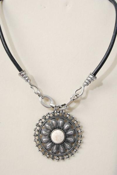 Necklace Thick Black Real Leather Cord Real Semiprecious Pendant / PC 24" Long Extension Chain , Pendant Size - 2.5" Wide , Choose Colors , Hang tag & Opp Bag & UPC Code