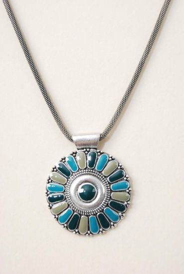 Necklace Thick Mesh Chain Enamel Pendant Blue / PC Blue , Pendant Size - 2.25 inch Wide , Display Card OPP bag UPC Code