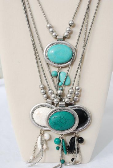Necklace Silver Snake Chain Real Semiprecious Stones / PC Size - 24" w Extension Chain , Choose Colors , Hang tag & OPP bag & UPC Code