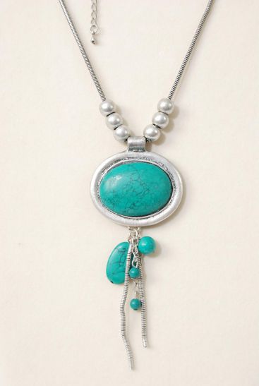 Necklace Silver Snake Chain Real Semiprecious Stones Green Turquoise / 12 pcs = Dozen Green Turquoise , 24" Long Extension Chain , Hang Tag & Opp Bag & UPC Code
