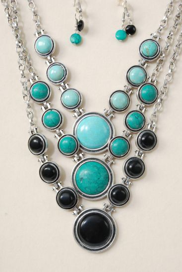 Necklace Sets Chain w Semiprecious Stones / Sets Size - 18" w Extension Chain , Choose Colors , Hang Tag & Opp Bag & UPC Code