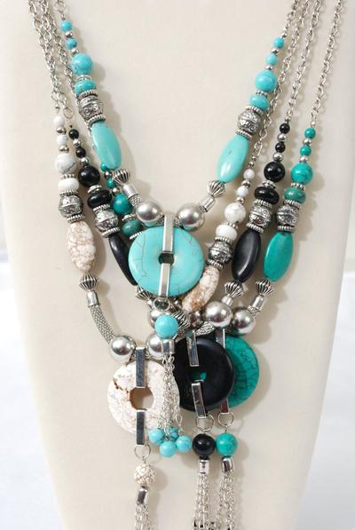 Necklace Antique Silver Chain Real Semiprecious Stones / PC 30" Long , Hang tag & Opp Bag & UPC Code , Choose Colors