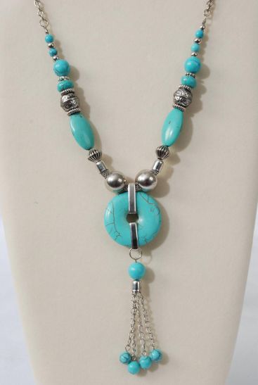 Necklace Antique Silver Chain Real Semiprecious Stones / PC Blue Turquoise , Size - 30" , Hang tag & Opp Bag & UPC Code