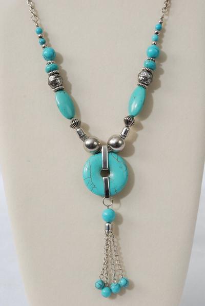 Necklace Antique Silver Chain Real Semiprecious Stones / PC 30" Long , Hang tag & Opp Bag & UPC Code , Choose Colors