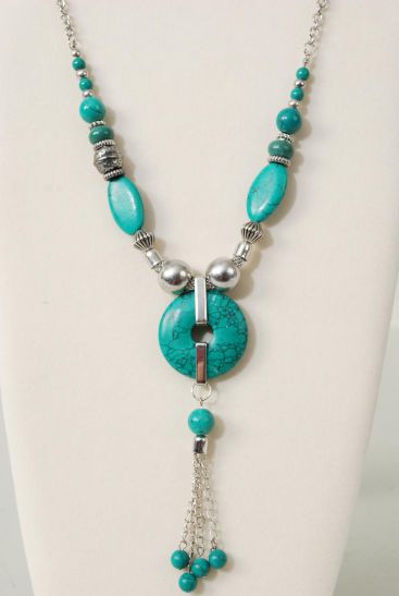 Necklace Antique Silver Chain Real Semiprecious Stones / PC Green Turquoise , Size - 30" Long , Hang tag & Opp Bag & UPC Code