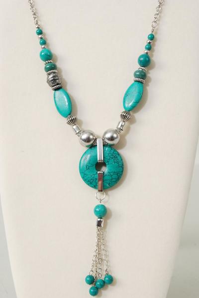 Necklace Antique Silver Chain Real Semiprecious Stones / PC 30" Long , Hang tag & Opp Bag & UPC Code , Choose Colors