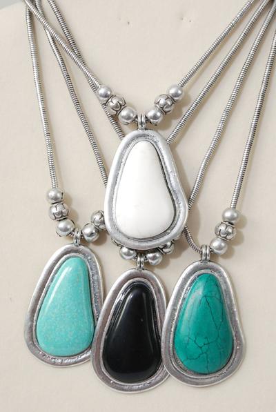 Necklace Thick Snake Chain Pear Shape Semiprecious Stone Pendant / PC Pendant Size - 2.5" x 1.75 Wide , 18" w Extension Chain , Hang Tag & OPP Bag & UPC Code , Choose Colors 