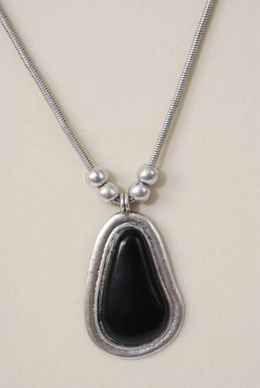 Necklace Thick Snake Chain Semiprecious Stone Pendant Black / PC  Black , Pendant Size - 2.5" x 1.75 Wide , 18" w Extension Chain , Hang Tag & OPP Bag & UPC Code 